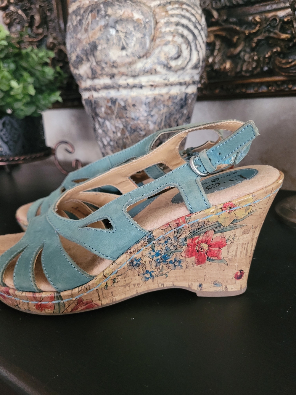 b.o.c Teal Cutout Wedge Sandals with Floral Cork Heel
